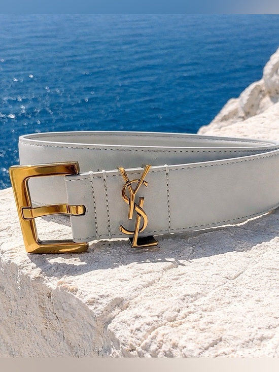 Saint Laurent Accessories - Saint Laurent Off White Leather Belt with Gold YSL Hardware - L/XL
